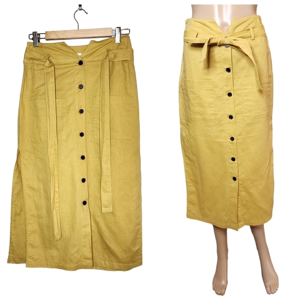 Etophe Studios linen-blend‎ yellow midi skirt. Pockets. Belted.  Size Medium.